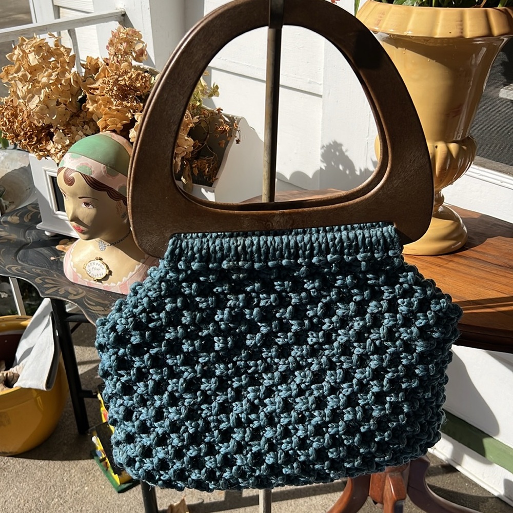 Vintage Teal Knitted Handbag with Wooden Handle
